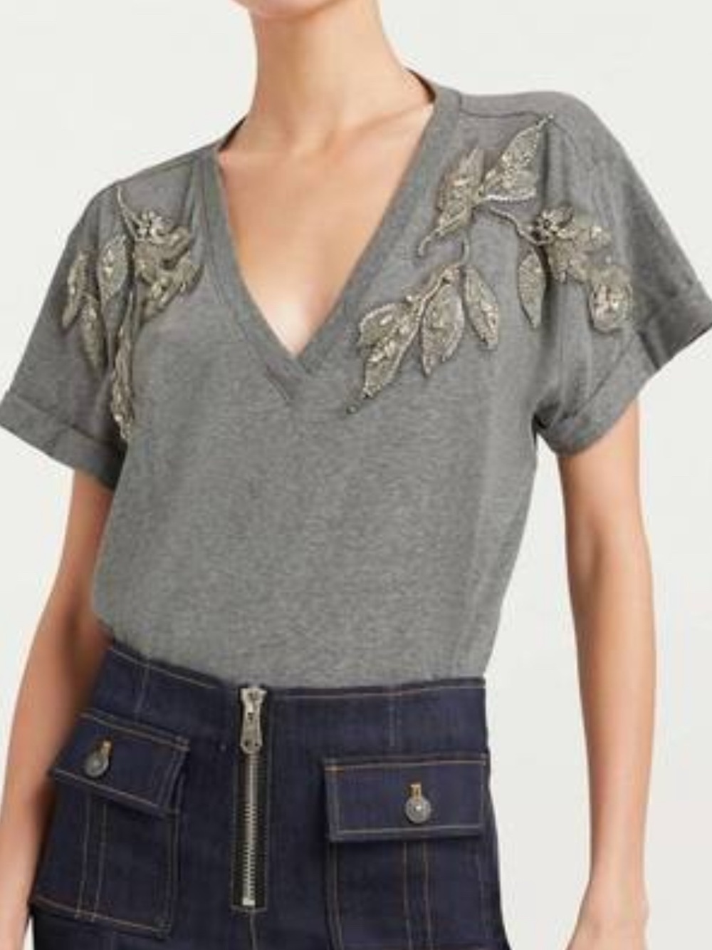 Cinq a Sept Gray Embellished V-Neck Women's Top Size M
